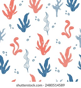 Abstract seamless marine pattern with seaweed and coral in modern colours. Marine theme. Vector graphic.