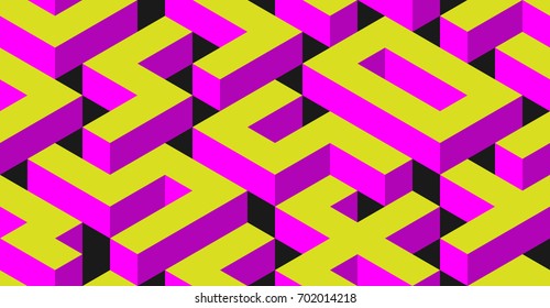 Abstract Seamless Maze Background with Different 3D Objects on Dark. Modern Art Vector Concept. Mix of Cube Shapes