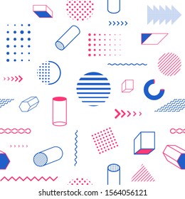Abstract seamless Memphis pattern. Blue and red design elements isolated on white. Flat concept. Fashion 80-90s. Retro funky graphic. Vintage geometric print illustration element. Website template