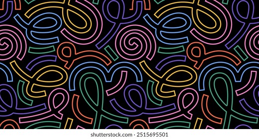 Abstract seamless memphis pattern features vibrant neon line doodles on a black background, creating a playful and dynamic design. Perfect for modern wallpapers, and creative projects.