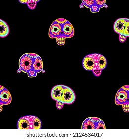 Abstract seamless Mexican death day pattern on black background. Skull carnival mask repeat print. Neon colorful traditional mexico masks with flowers, ornaments, pepper
