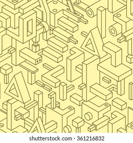 Abstract Seamless Modern Art Pattern for Textile Design. Mix of Monochrome Straight Lines and Simple 3D Objects on Yellow. Vector Illustration in Constructivism Style.