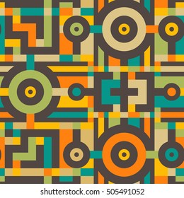 Abstract Seamless Modern Art Pattern for Textile Design. Mix of Stripes and Geometrical Colorful Shapes. Vector Illustration in Mosaic Style