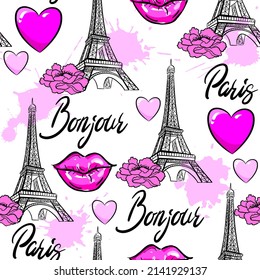 Abstract seamless modern pattern with Eiffel Tower and hearts.  Abstract fashion print design in hand drawing style.