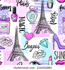 Abstract seamless modern pattern with Eiffel Tower and hearts.  Abstract fashion print design in hand drawing style.