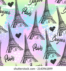 Abstract seamless modern pattern with Eiffel Tower and hearts.  Abstract fashion print design in hand drawing style.