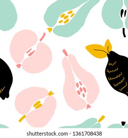 Abstract seamless modern pattern with fruits and berries. Creative trendy seamless pattern. Hand draw texture. Vector template for cards, banners, print fabric, t-shirt. Pastel colors.