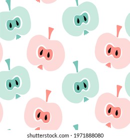 Abstract seamless modern pattern with fruits, apples. Creative fashion seamless pattern. Apple slices, sliced fruit. Vector template for printing. Pastel colors. Scandinavian style, for children.