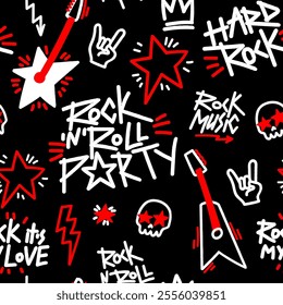 Abstract seamless modern pattern with guitar, lettering, stars.  Abstract fashion drawing print design in hand drawing style.