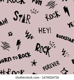 Abstract Seamless Modern Pattern With Headphones, Spray Paint, Words Rock Star.  Abstract Fashion Print Design In Hand Drawing Style.