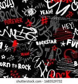Abstract seamless modern pattern with headphones, spray paint, words rock star.  Abstract fashion drawing print design in hand drawing style.