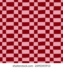 Abstract seamless modern pattern of horizontal burgundy stripes in a row on a pink background, distorted checkerboard pattern, wavy checkered pattern, simple hand-drawn vector illustration, flat style
