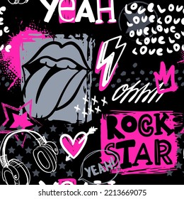 Abstract seamless modern pattern with lips, spray paint, words rock star.  Abstract fashion drawing print design in hand drawing style.