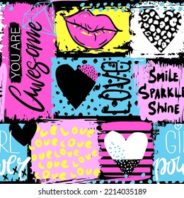 Abstract seamless modern pattern with lips, slogan and hearts.  Abstract fashion print design in hand drawing style.