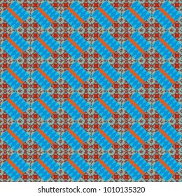 Abstract seamless modern pattern with regularly repeating geometrical grid with rhombuses, strips, rectangles in blue, red and orange colors. Vector element for graphical design.