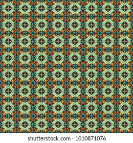 Abstract seamless modern pattern with regularly repeating geometrical grid with rhombuses, strips, rectangles in blue, green and brown colors. Vector element for graphical design.