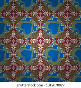 Abstract seamless modern pattern with regularly repeating geometrical grid with rhombuses, strips, rectangles in green, blue and brown colors. Vector element for graphical design.