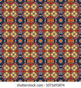 Abstract seamless modern pattern with regularly repeating geometrical grid with rhombuses, strips, rectangles in blue, black and yellow colors. Vector element for graphical design.