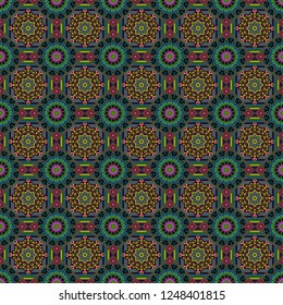 Abstract seamless modern pattern with regularly repeating geometrical grid with rhombuses, strips, rectangles in green, black and brown colors. Vector element for graphical design.