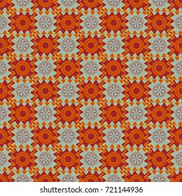 Abstract seamless modern pattern with regularly repeating geometrical grid with rhombuses, strips, rectangles in orange, neutral and red colors. Vector element for graphical design.