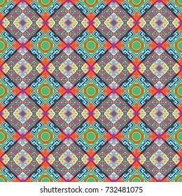 Abstract seamless modern pattern with regularly repeating geometrical grid with rhombuses, strips, rectangles in blue, green and orange colors. Vector element for graphical design.