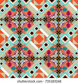 Abstract seamless modern pattern with regularly repeating geometrical grid with rhombuses, strips, rectangles in blue, neutral and orange colors. Vector element for graphical design.