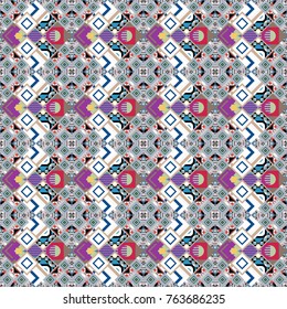 Abstract seamless modern pattern with regularly repeating geometrical grid with rhombuses, strips, rectangles in white, blue and beige colors. Vector element for graphical design.