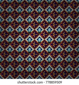 Abstract seamless modern pattern with regularly repeating geometrical grid with rhombuses, strips, rectangles in black, red and blue colors. Vector element for graphical design.