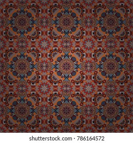 Abstract seamless modern pattern with regularly repeating geometrical grid with rhombuses, strips, rectangles in orange, brown and pink colors. Vector element for graphical design.