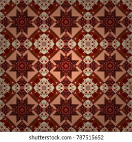 Abstract seamless modern pattern with regularly repeating geometrical grid with rhombuses, strips, rectangles in brown, beige and red colors. Vector element for graphical design.