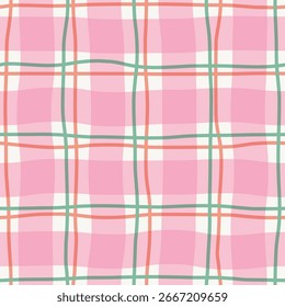 Abstract seamless modern pink checkered pattern with paired thin red and green lines on light background; simple hand-drawn vector illustration; drawing, flat style