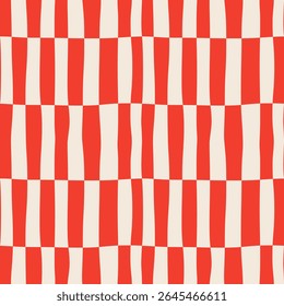 Abstract seamless monochrome geometric pattern of vertical red stripes in a row on a light background, distorted checkerboard pattern, checkered pattern, hand drawn vector illustration, flat style