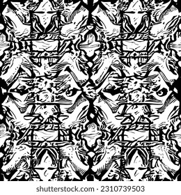 Abstract seamless monochrome pattern in black and white color with grungy ethnic african or oceanian elements