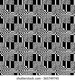 Abstract seamless monochrome pattern. Black and white color. Geometric pattern in a squares. Brush strokes. The texture is spots and dots.