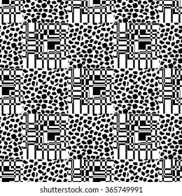 Abstract seamless monochrome pattern. Black and white color. Geometric pattern in a squares. Brush strokes . The texture is spots and dots.