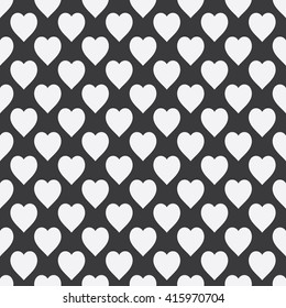 Abstract seamless monochrome pattern with black hearts on white background. Design element for banner, card, invitation, postcard, textile, fabric, wrapping paper. Vector illustration.