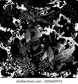 Abstract seamless monochrome pattern with dots, cracked texture, lines, geometric elements .Grunge urban repeated backdrop for boy, sport clothes, textile, wrapping paper. black and white background.