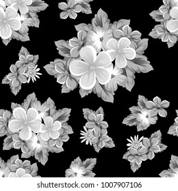 abstract seamless monochrome pattern of flowers on a black background. For design postcards, greeting, invitation for a birthday, wedding, party, holiday. For the decoration. Vector illustration.