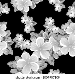 abstract seamless monochrome pattern of flowers on a black background. For design postcards, greeting, invitation for a birthday, wedding, party, holiday. For the decoration. Vector illustration.