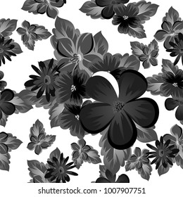 abstract seamless monochrome pattern of flowers on a white background. For design postcards, greeting, invitation for a birthday, wedding, party. For the decoration. Vector illustration.