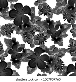 abstract seamless monochrome pattern of flowers on a white background. For design postcards, greeting, invitation for a birthday, wedding, party. For the decoration. Vector illustration.