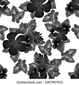 abstract seamless monochrome pattern of flowers on a white background. For design postcards, greeting, invitation for a birthday, wedding, party. For the decoration. Vector illustration.