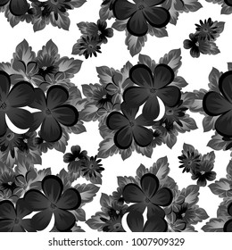 abstract seamless monochrome pattern of flowers on a white background. For design postcards, greeting, invitation for a birthday, wedding, party. For the decoration. Vector illustration.