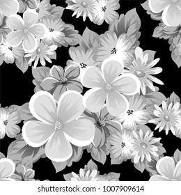 abstract seamless monochrome pattern of flowers on a black background. For design postcards, greeting, invitation for a birthday, wedding, party, holiday. For the decoration. Vector illustration.