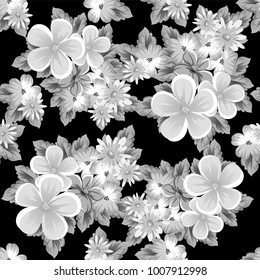 abstract seamless monochrome pattern of flowers on a black background. For design postcards, greeting, invitation for a birthday, wedding, party, holiday. For the decoration. Vector illustration.