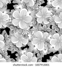 abstract seamless monochrome pattern of flowers on a black background. For design postcards, greeting, invitation for a birthday, wedding, party, holiday. For the decoration. Vector illustration.