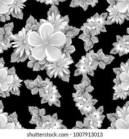 abstract seamless monochrome pattern of flowers on a black background. For design postcards, greeting, invitation for a birthday, wedding, party, holiday. For the decoration. Vector illustration.