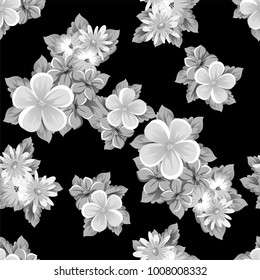 abstract seamless monochrome pattern of flowers on a black background. For design postcards, greeting, invitation for a birthday, wedding, party, holiday. For the decoration. Vector illustration.
