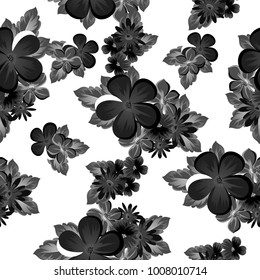 abstract seamless monochrome pattern of flowers on a white background. For design postcards, greeting, invitation for a birthday, wedding, party. For the decoration. Vector illustration.