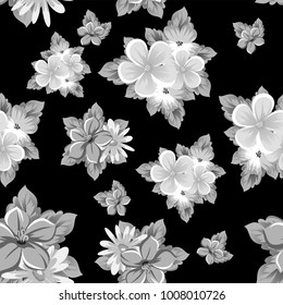 abstract seamless monochrome pattern of flowers on a black background. For design postcards, greeting, invitation for a birthday, wedding, party, holiday. For the decoration. Vector illustration.
